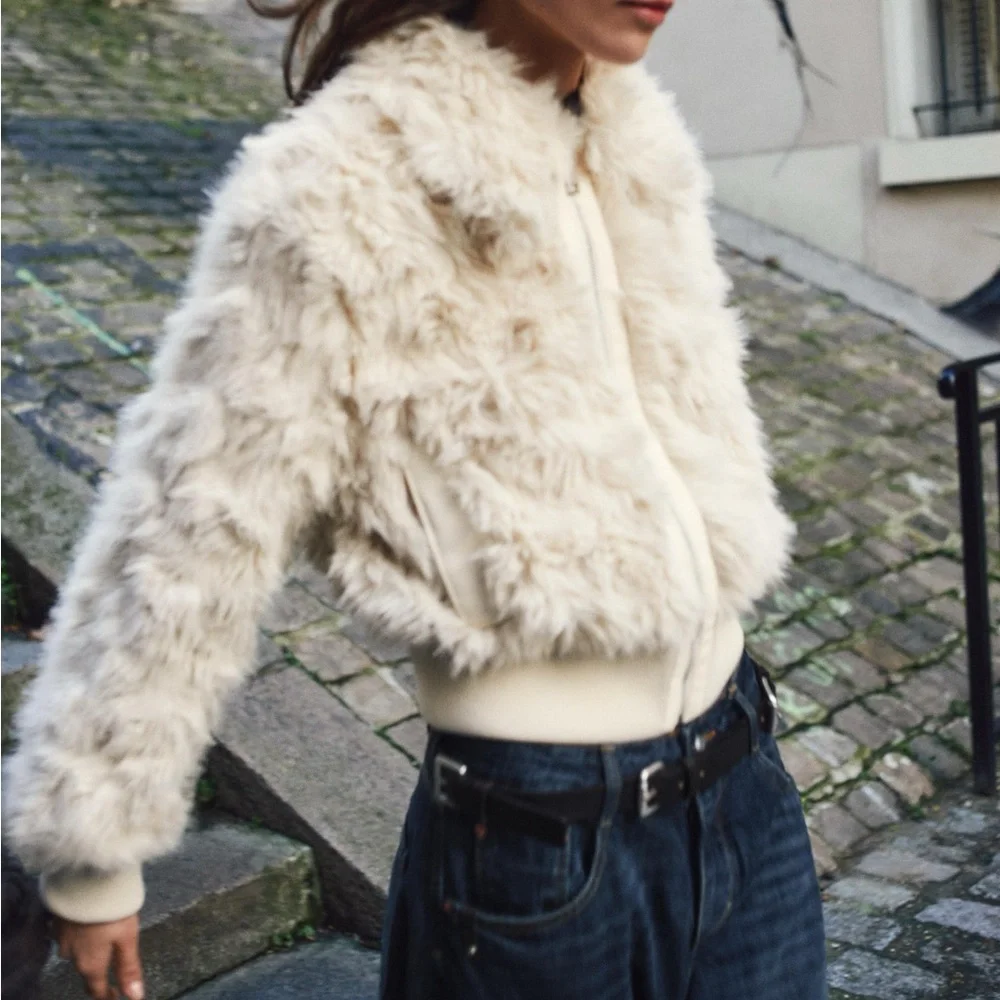 Zara Faux Fur Bomber NWT Jacket Ecru 3046/028/712 Cream XS mob wife old money - Picture 1 of 17